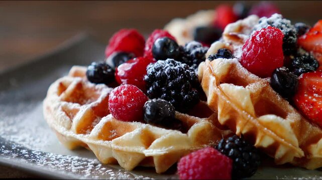A delicious waffle topped with fresh berries.
