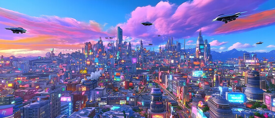 Obraz premium Vibrant Futuristic Cityscape Aerial View at Sunset