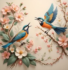Intricate paper art features stylized birds perched on branches amidst blooming flowers, rendered in soft neutral tones. The birds exhibit detailed feather patterns, complementing the floral designs 