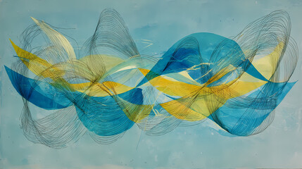 album art for electronic jazz | invisible emotion | melancholic abstraction | introspective blue-yellow | central disruption | intersecting waves | translucent form overlays | spontaneous linework |