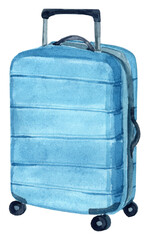 Watercolor illustration of a blue suitcase with a telescopic handle. Perfect for travel designs, packaging, postcards, and digital projects.
