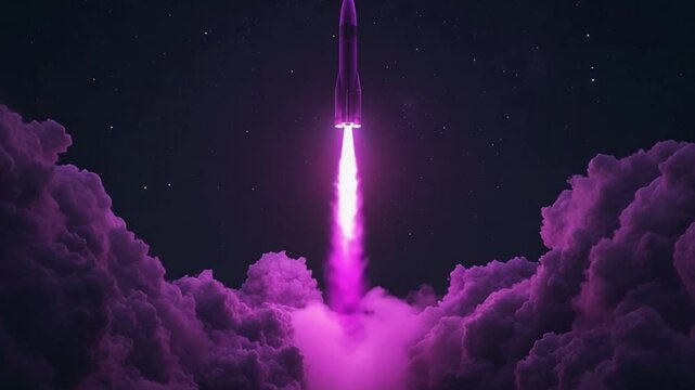 Purple rocket launch into night sky