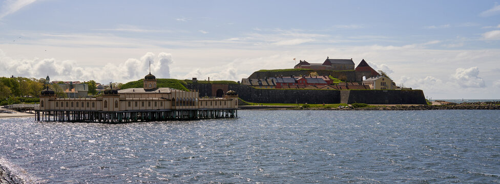  Historic Seafront Scene: Varberg's Cold Bathhouse and Fortress from Kattegat