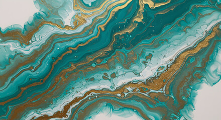 Teal and Gold Fluid Art Abstract