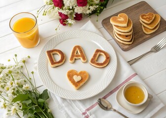 top view of a stylish breakfast table with heart and dad letter,father's day
