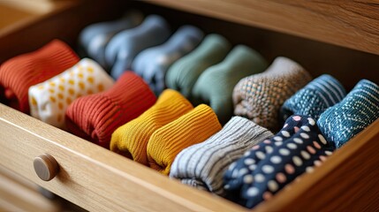 Discovering cozy comfort a tidy drawer of colorful folded socks offering warmth and organization in soft diffused