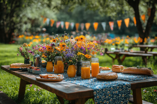 Orange juices and flowers on a picnic table.