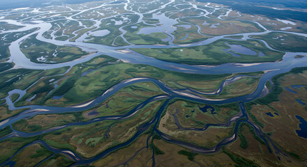 Aerial view of a braided river system in a wetland area.