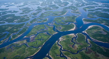 Aerial view of a river delta with lush green islands.