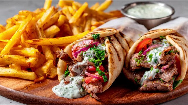 A close-up shot of a delicious gyro and fries platter.