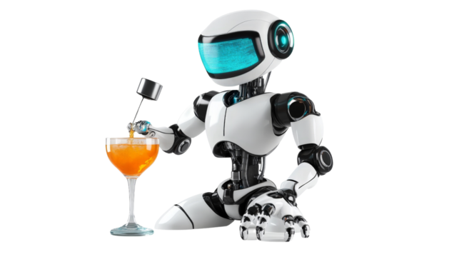 A robot bartender pouring a drink with precision and AI control,Transparent background, PNG file