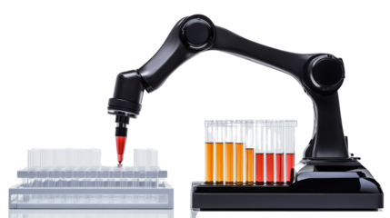 A robotic arm in a laboratory, handling test tubes with precision,Transparent background, PNG file