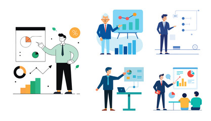 People make a presentation of the project by showing charts and statistics. Brainstorming. Flat vector illustration of business presentation concept.
