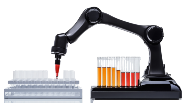 A robotic arm in a laboratory, handling test tubes with precision,Transparent background, PNG file