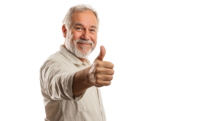 A senior man giving a thumbs up, showing confidence and positivity, Transparent background, PNG file