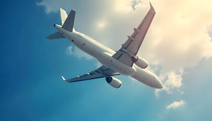 Obraz premium A commercial airplane gracefully ascends into a bright blue sky filled with soft, fluffy clouds.