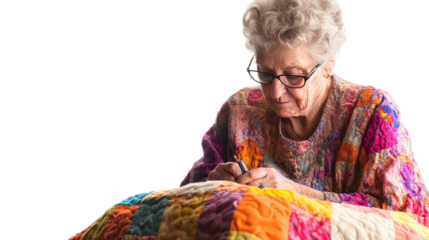 A senior woman sewing a quilt, focused and content, Transparent background, PNG file