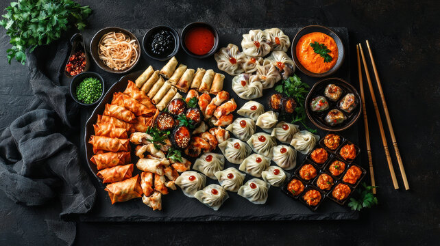 Assorted Asian Appetizers on a Shared Platter