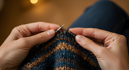 Close up of hands knitting with colorful yarn and needles.