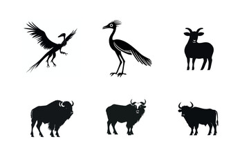 Six black silhouettes of various animals