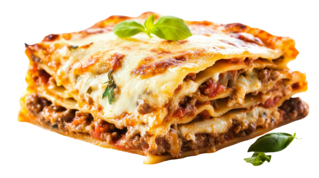A serving of lasagna with layers of cheese, meat, and pasta, Transparent background, PNG file