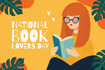 National Book Lovers Day poster with girl reading a book flat vector illustration.