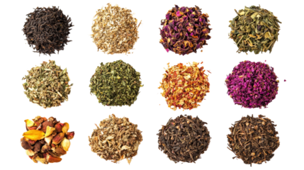 A set of Ayurvedic herbal teas for relaxation and stress relief, Transparent background, PNG file