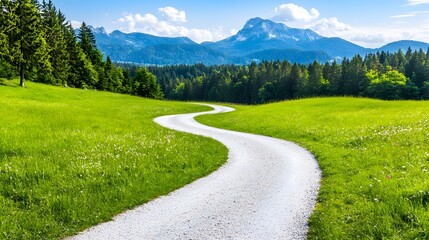 Winding Gravel Road through Lush Green Meadow and Mountain View