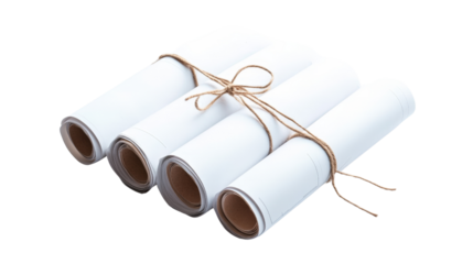 A set of blueprints rolled up and tied with a string,Transparent background, PNG file