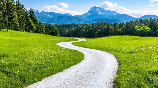 Winding Gravel Road through Lush Green Meadow and Mountain View