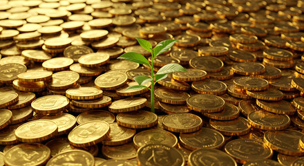 Sprout growing from pile of gold coins, concept of investment growth