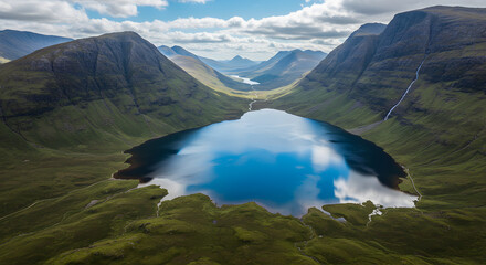 Aerial view of Loch Achtriochtan in Scotland, UK.