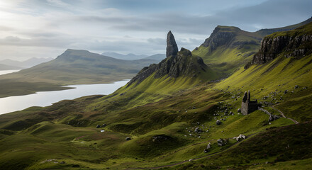 The Storr, Isle of Skye, Scotland on a cloudy day.