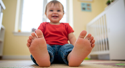 A baby sits with their feet towards the camera, smiling