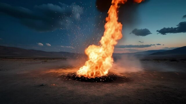 Witness the breathtaking eruption of a towering column of fire in an expansive desert landscape at twilight.