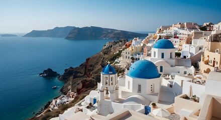 Oia Village in Santorini, Greece with blue domed churches and caldera views.