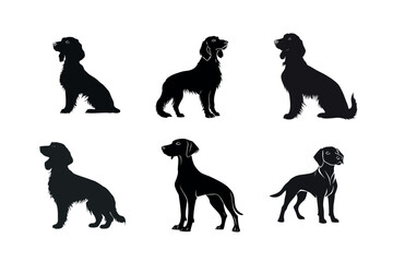 Six dog breed silhouettes standing and sitting