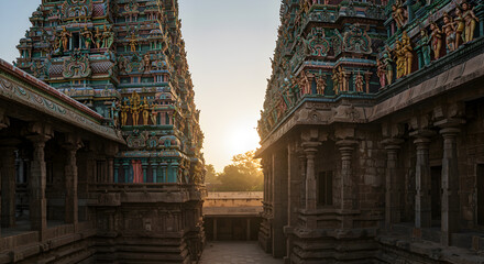 Madurai Meenakshi Temple towers and courtyard at sunset