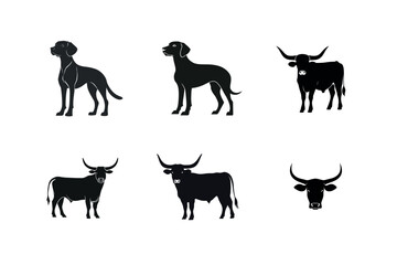 Obraz premium Silhouette set of dog and texas longhorn cattle