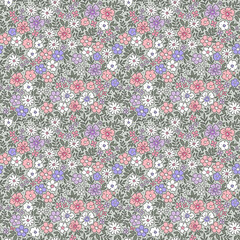 Vintage seamless floral pattern. Ditsy style background of small pastel flowers. Small flowers scattered over a gray background. Stock vector for printing on surfaces. Abstract flowers. 