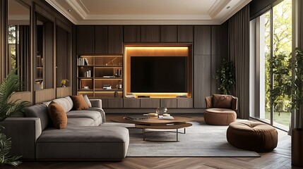 Modern, sophisticated living room with dark wood paneling, a large TV, and comfortable seating.  Floor-to-ceiling windows provide a view of the outdoors