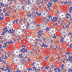 Retro floral pattern in small decorative flowers. Small red and white flowers. Light pink background. Ditsy print. Floral seamless background ditsy pattern in small cute spring flowers. Stock vector
