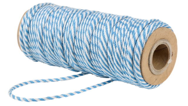 Blue striped cotton bakers twine spool isolated on transparent background