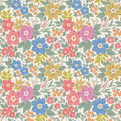 Beautiful floral pattern in small abstract bouquet flowers. Small light colorful flowers. Ivory background. Ditsy print. Floral seamless background. Vintage template for fashion prints. Stock print