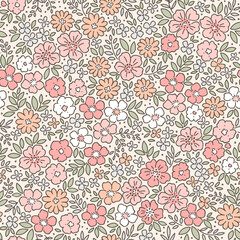 Cute floral pattern. Pretty flowers on ivory background. Printing with small coral pastel flowers. Ditsy print. Seamless vector texture. Spring bouquet. Vintage template for fashion prints. Stock