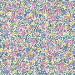 Liberty seamless floral pattern. Ditsy style background of small pastel flowers. Small blooming daisy flowers scattered over a white background. Stock vector for printing on surfaces and web design.