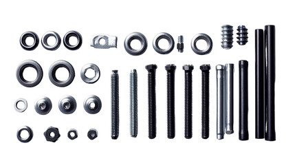 A set of nuts, bolts, and washers arranged neatly, Transparent background, PNG file