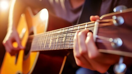Obraz premium Preschool teacher playing educational song on guitar in class