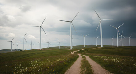 Wind Turbines on Rolling Hills Under a Cloudy Sky