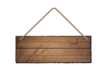 Wooden sign board hang on a rope isolated on transparent background. Png
